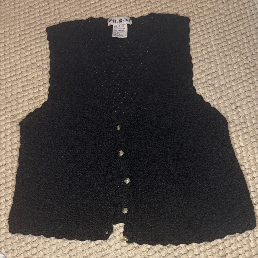White Stag Crochet Black Button-Up Vest Vintage 90’s / Y2K